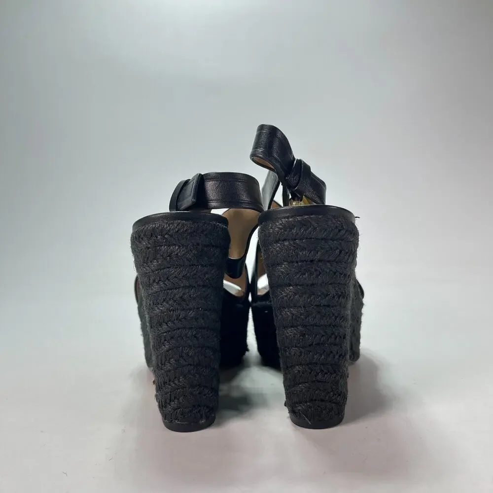 Michael Kors Black Leather Espadrille Platform Wedge Sandals Women's Size 5.5M